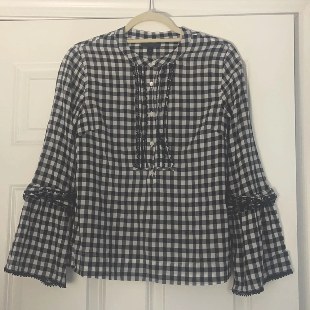 J.Crew Embroidered Black and White Bell-Sleeve Gingham Top